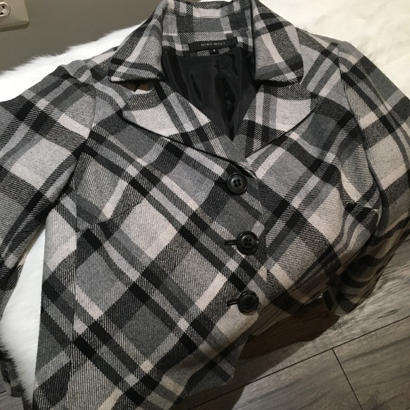 Nine West Black and Gray Plaid Wool Swing Coat - Picture 3 of 7